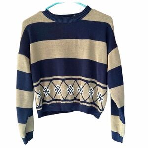 that’s me! Vintage 90s Cropped Striped Sweater Navy Tan Argyle M